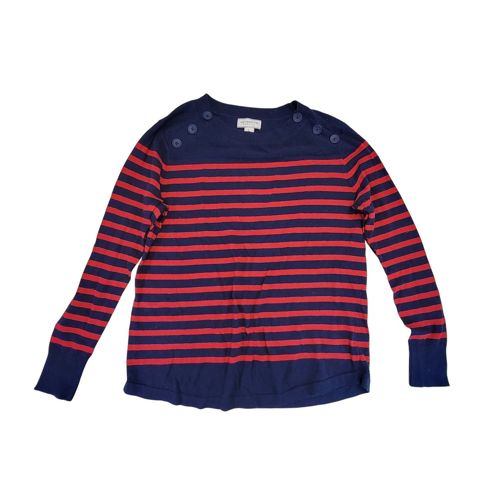 Liz Claiborne Womens Striped Crew Neck‎ Button Shoulder Sweater Navy Red Size L